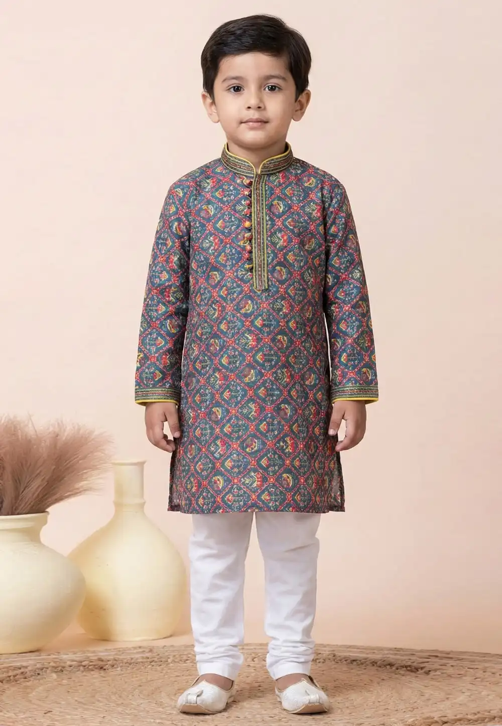 Teal Cotton Kids Kurta Pajama 322279