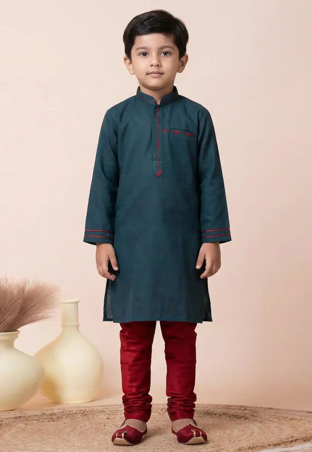 Teal Cotton Kids Kurta Pajama 322284