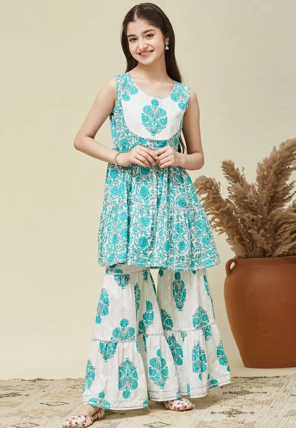 Teal Cotton Kids Sharara Suit 316969