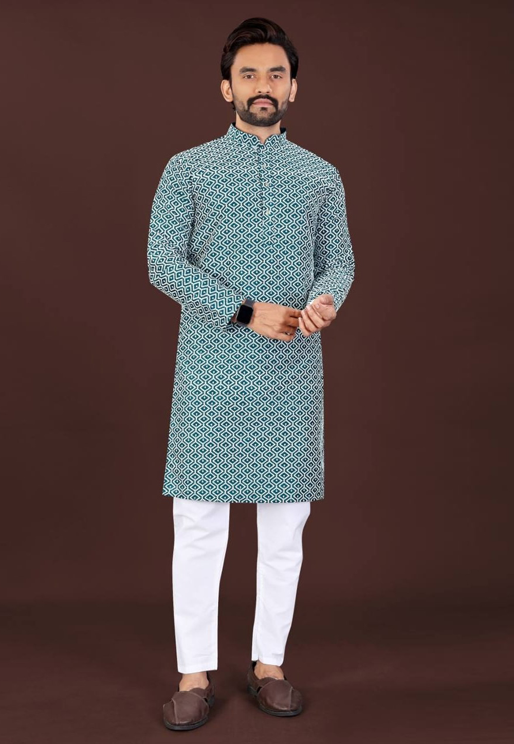 Teal Cotton Kurta Pajama 320075