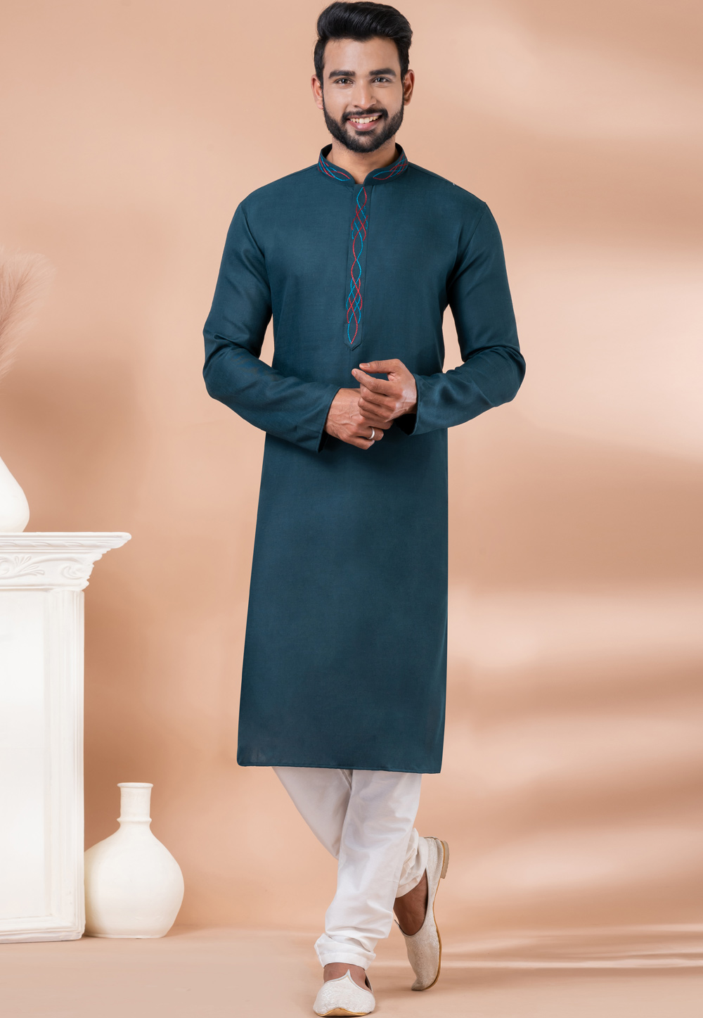 Teal Cotton Kurta Pajama 282568