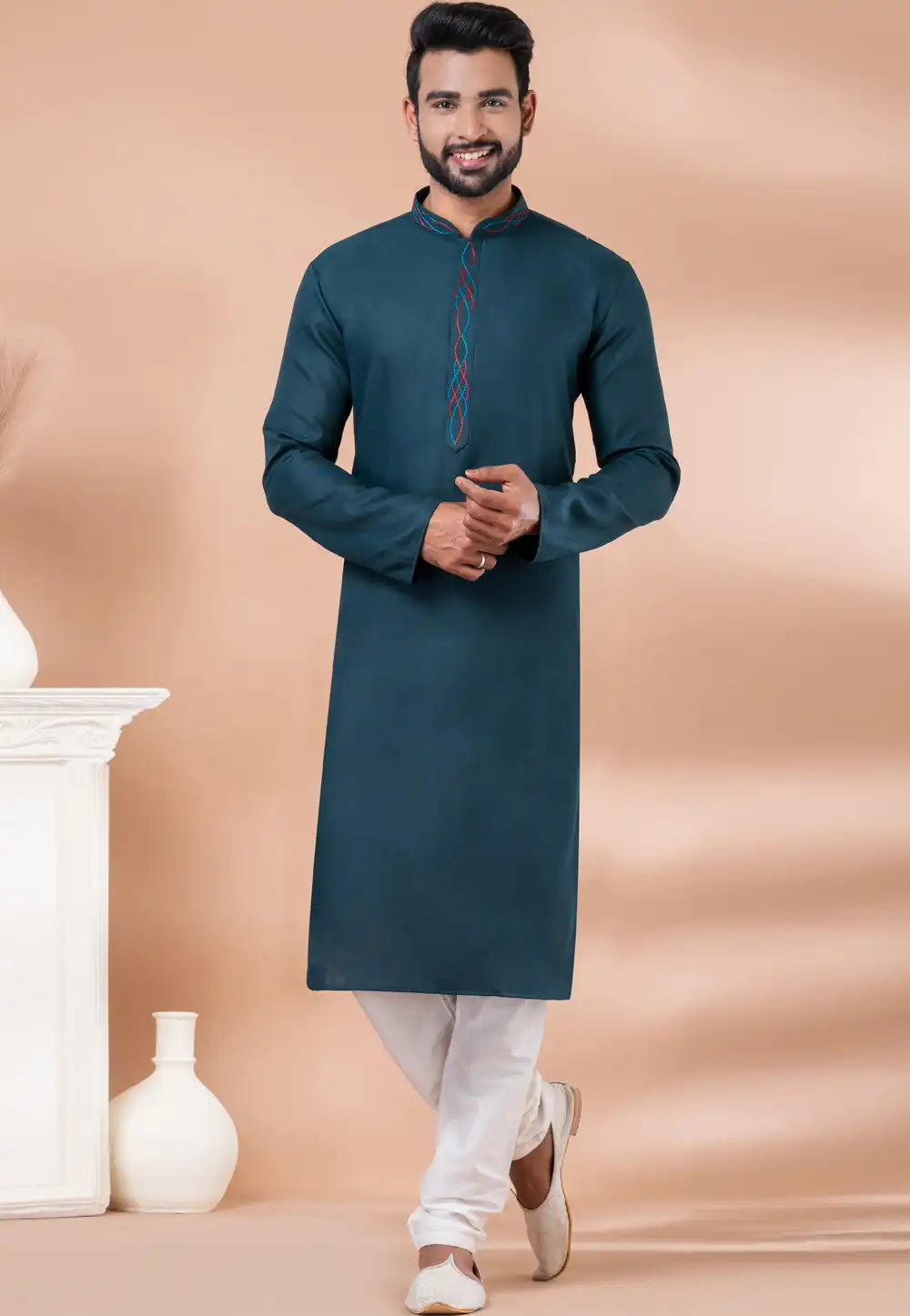 Teal Cotton Kurta Pajama 282568