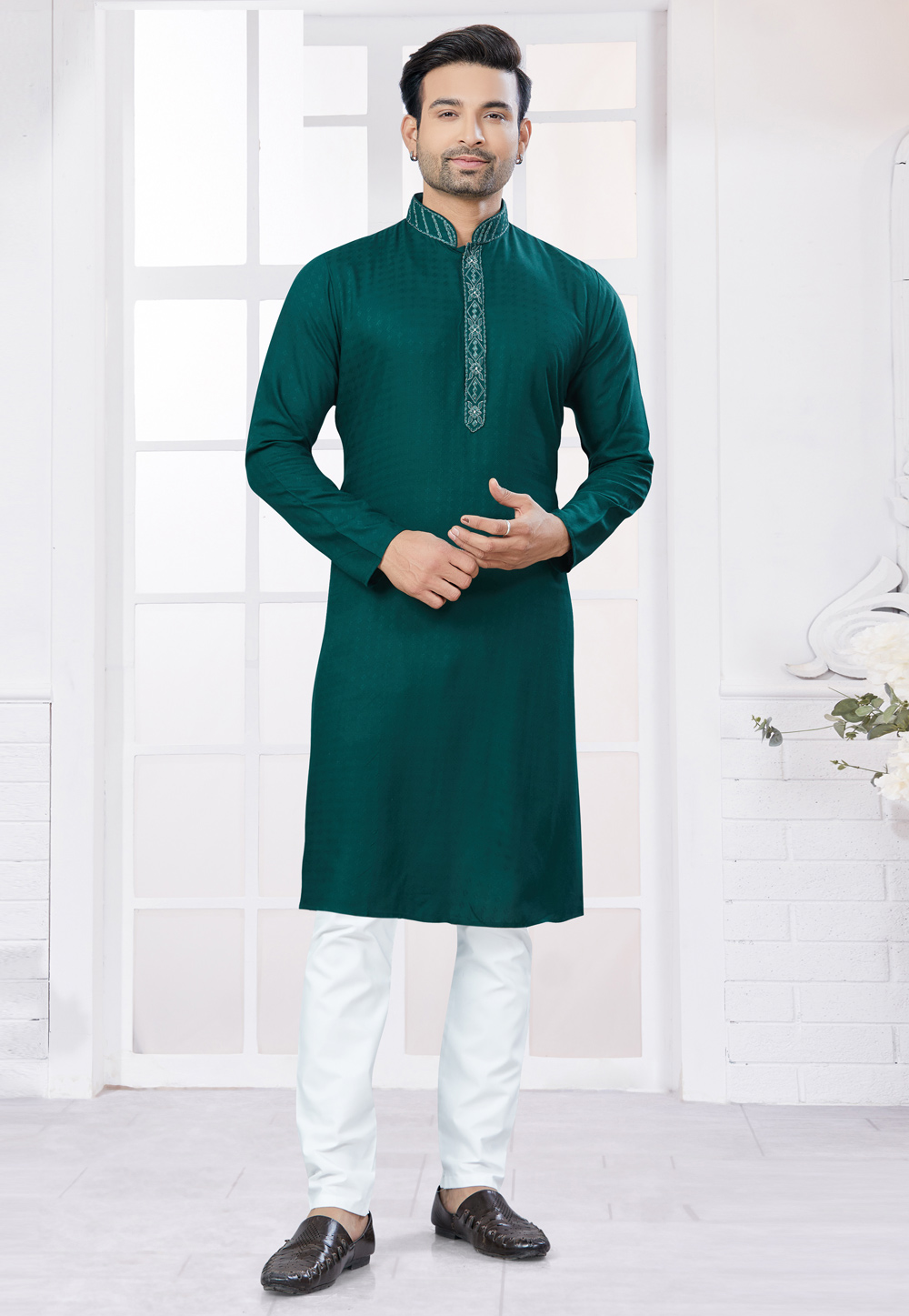 Teal Cotton Kurta Pajama 307366