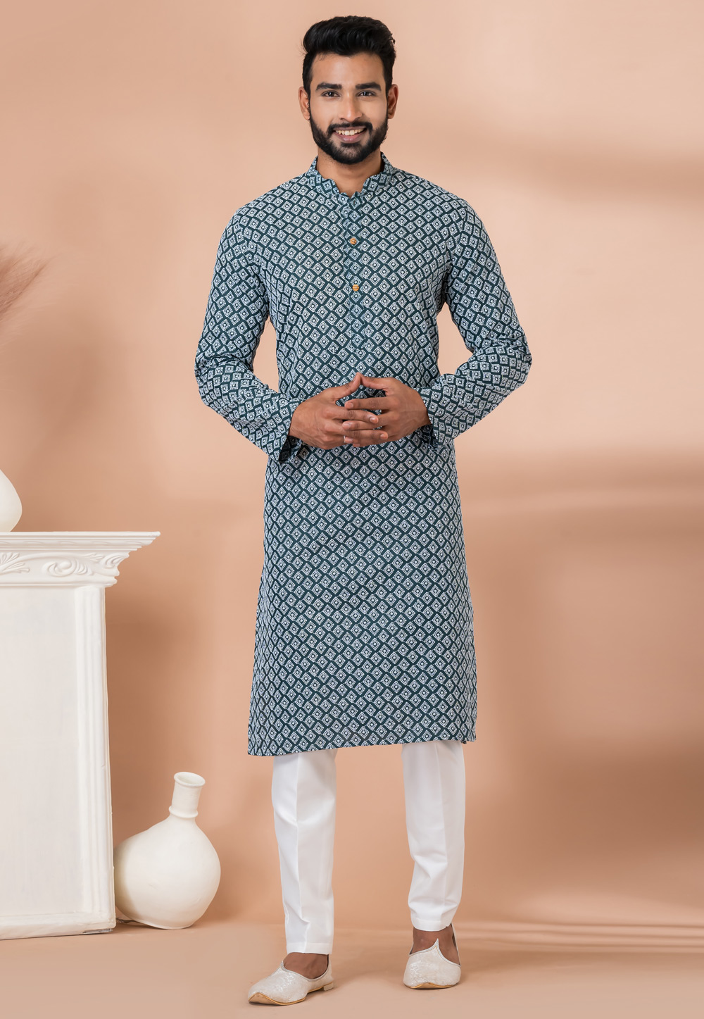 Teal Cotton Kurta Pajama 283389