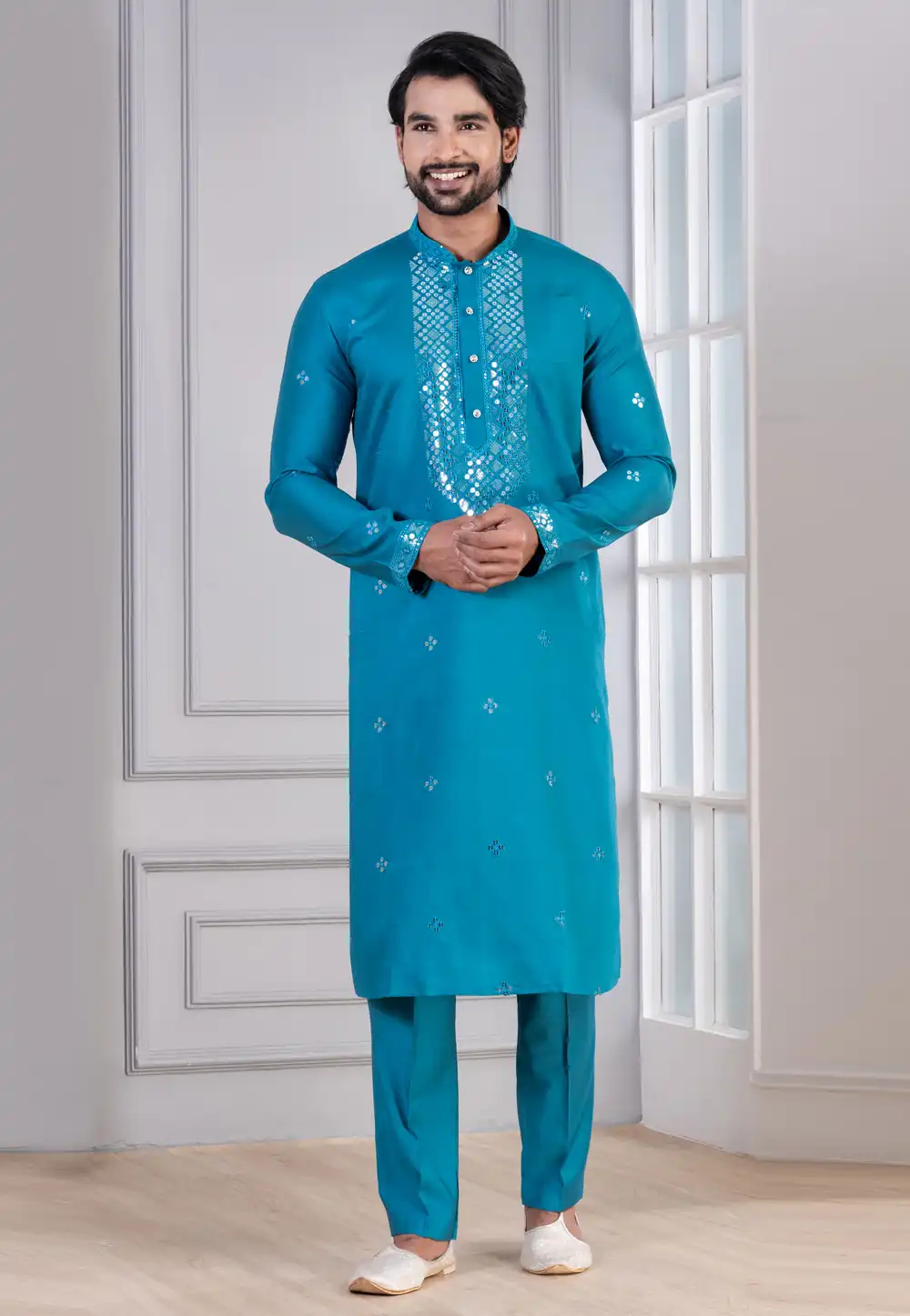 Teal Cotton Kurta Pajama 314626