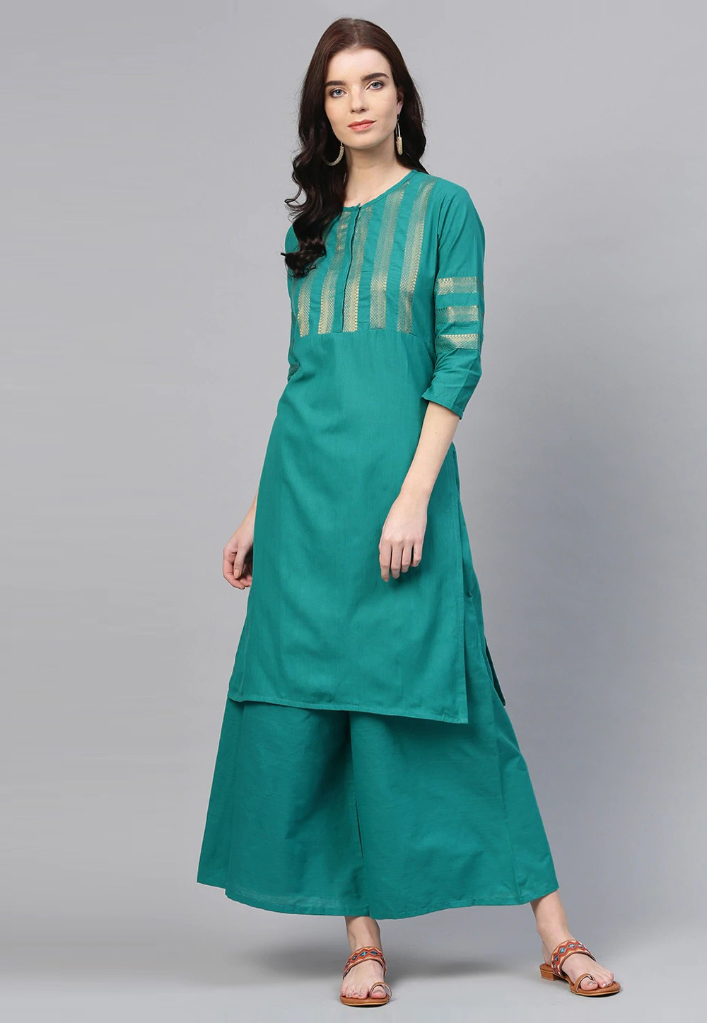 Teal Cotton Kurta Set With Palazzo 281338