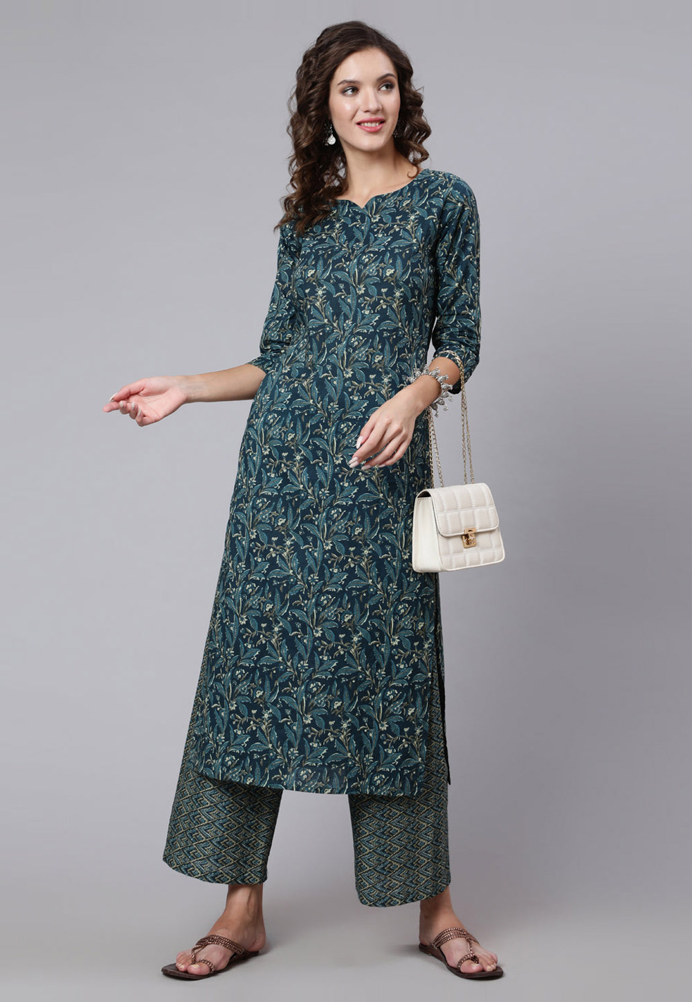 Teal Cotton Kurta Set With Palazzo 282125
