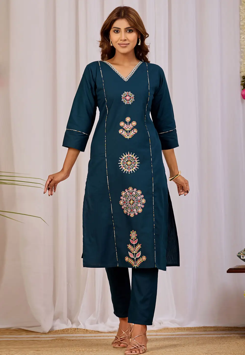 Teal Cotton Kurta Set With Pant 333175