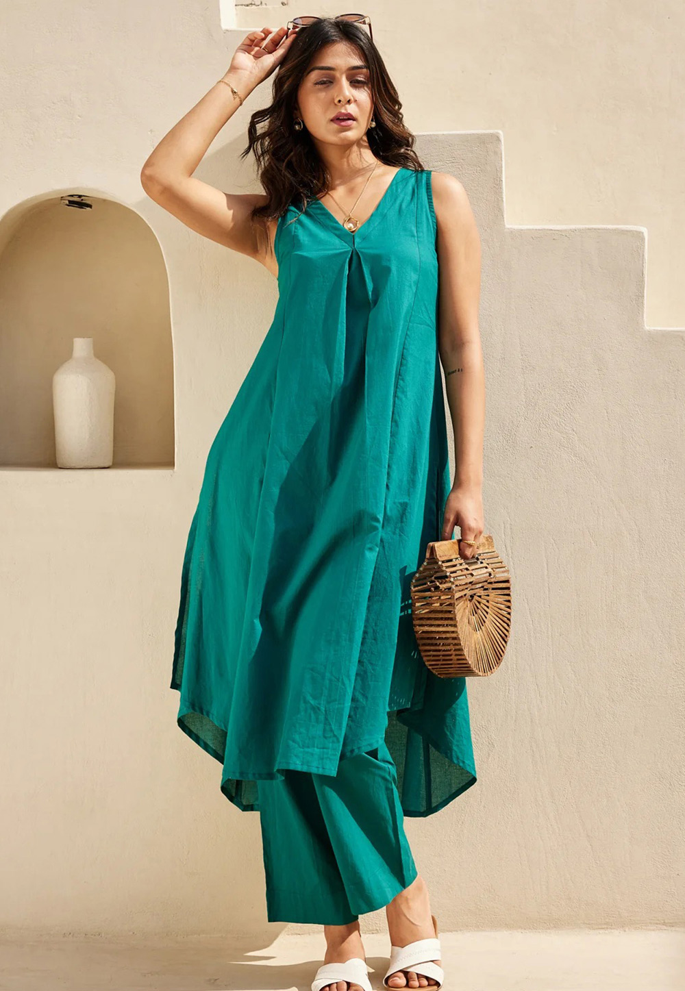 Teal Cotton Kurta Set With Pant 325894