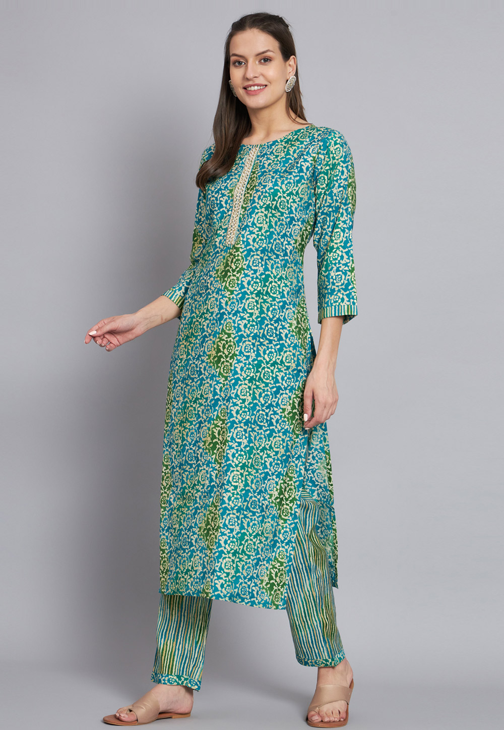 Teal Cotton Kurta Set With Pent 284219