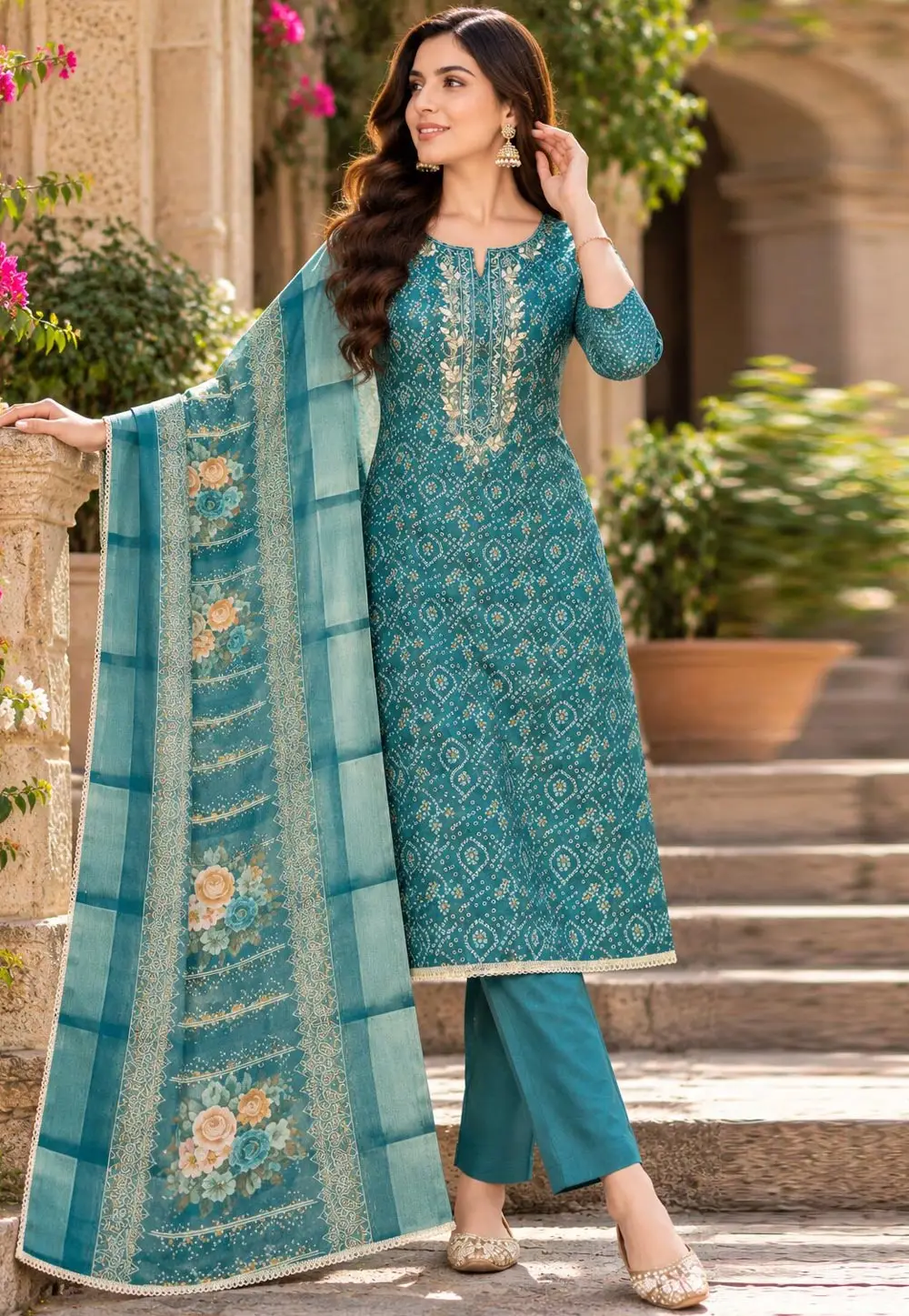 Teal Cotton Linen Straight Suit 337024