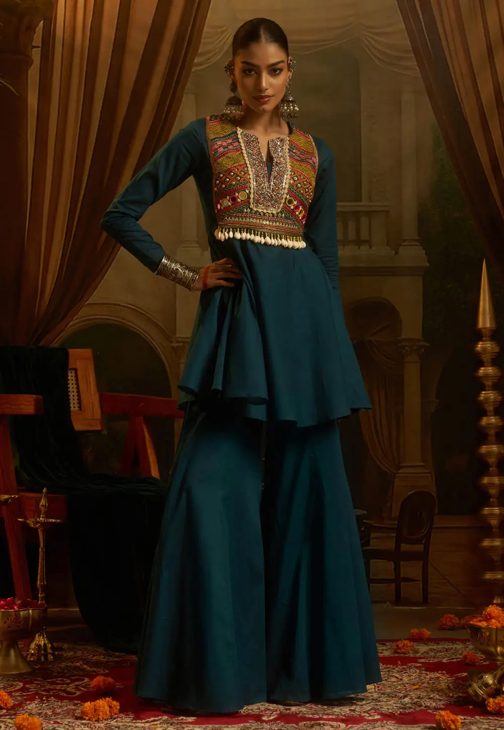 Teal Cotton Navratri Top Bottom 334414