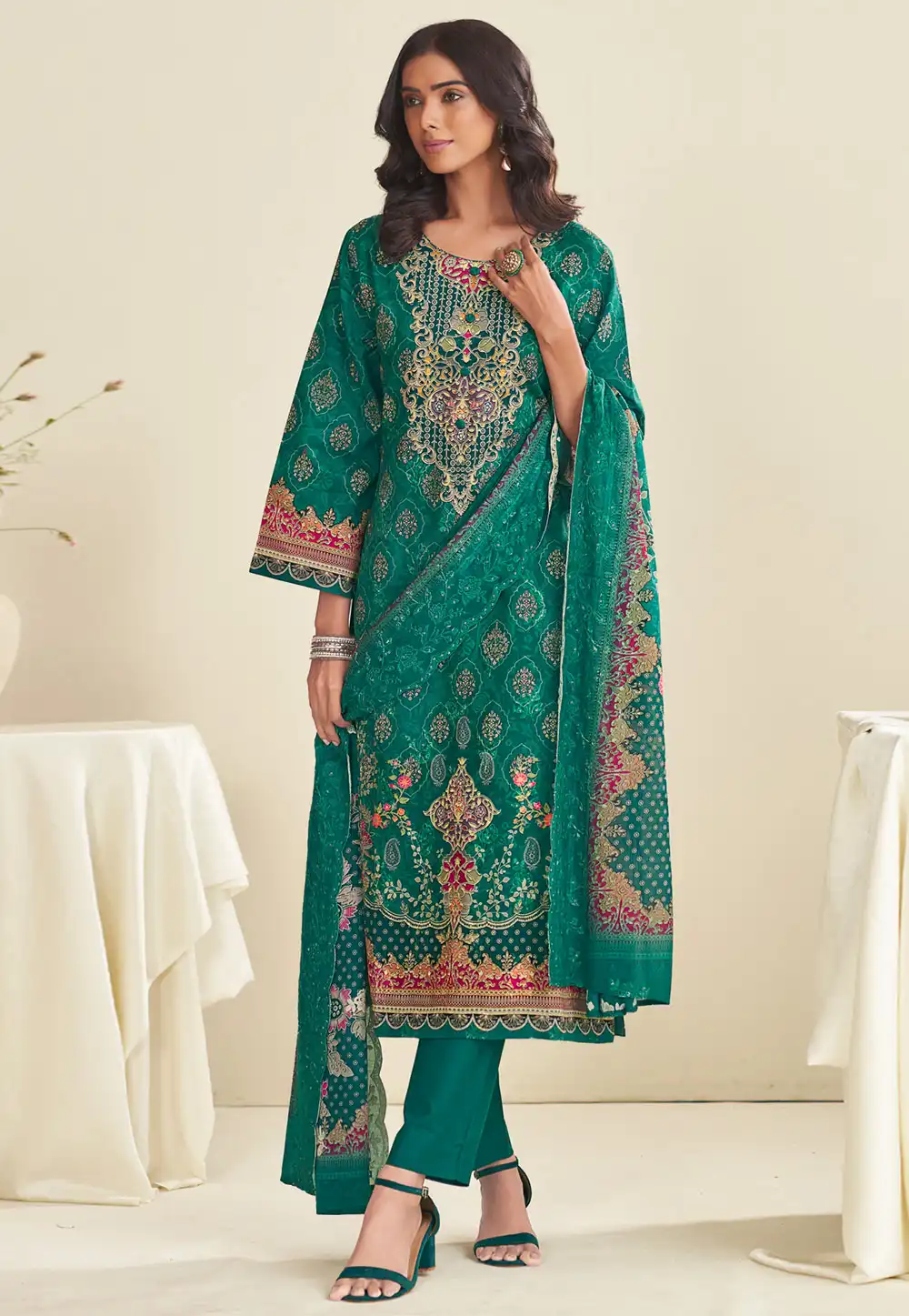 Teal Cotton Pakistani Suit 318232