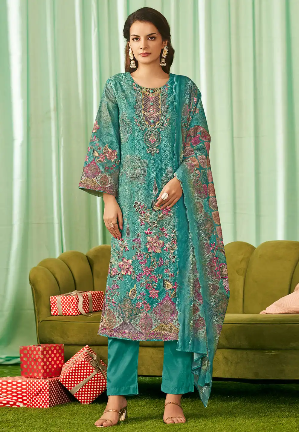 Teal Cotton Pant Style Suit 315617