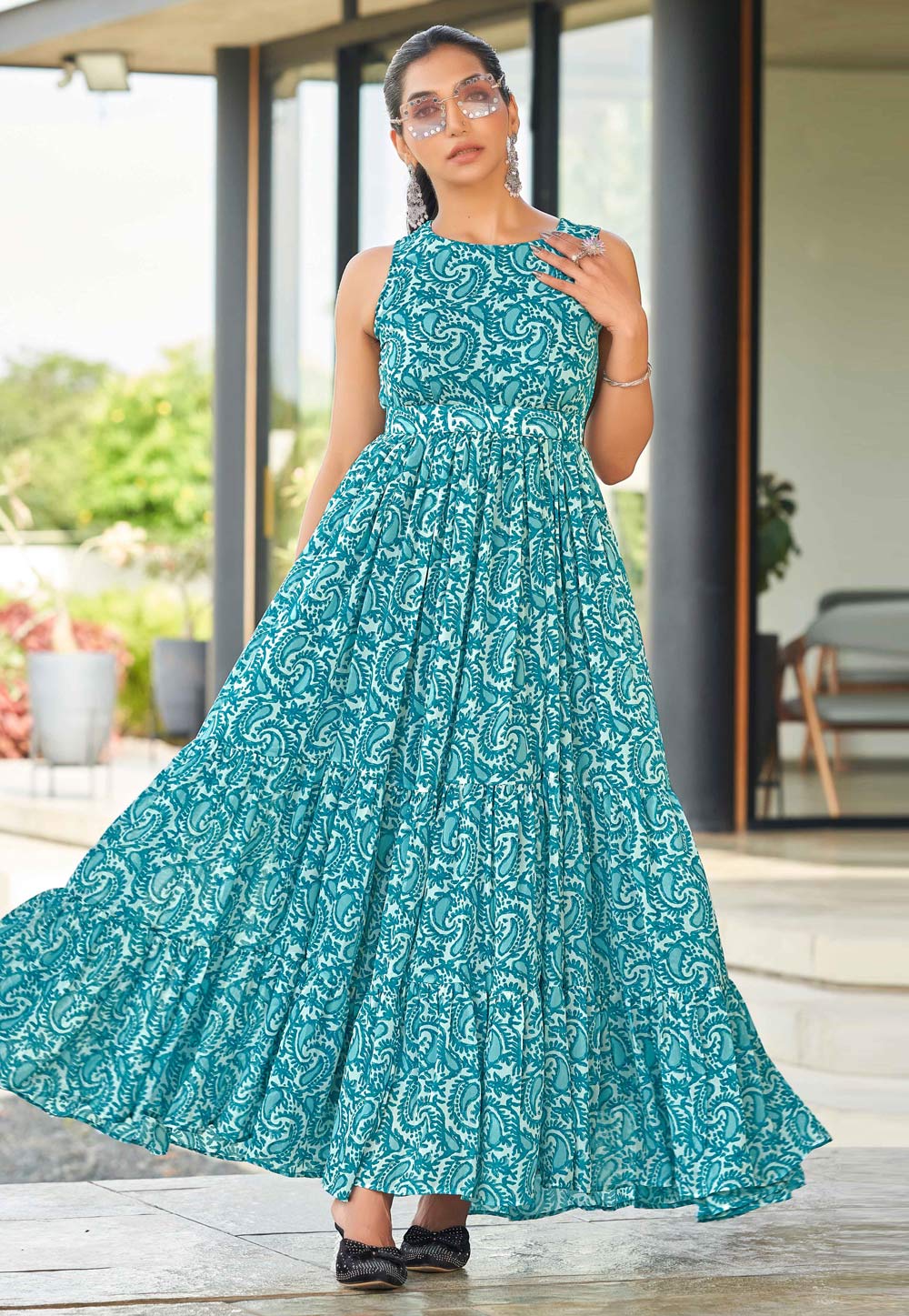 Teal Cotton Printed Gown 329075
