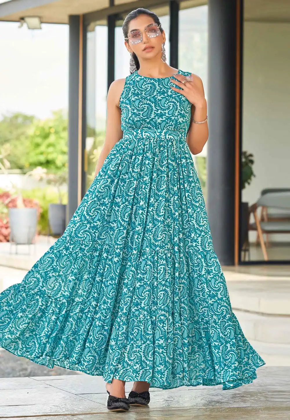 Teal Cotton Printed Gown 329075