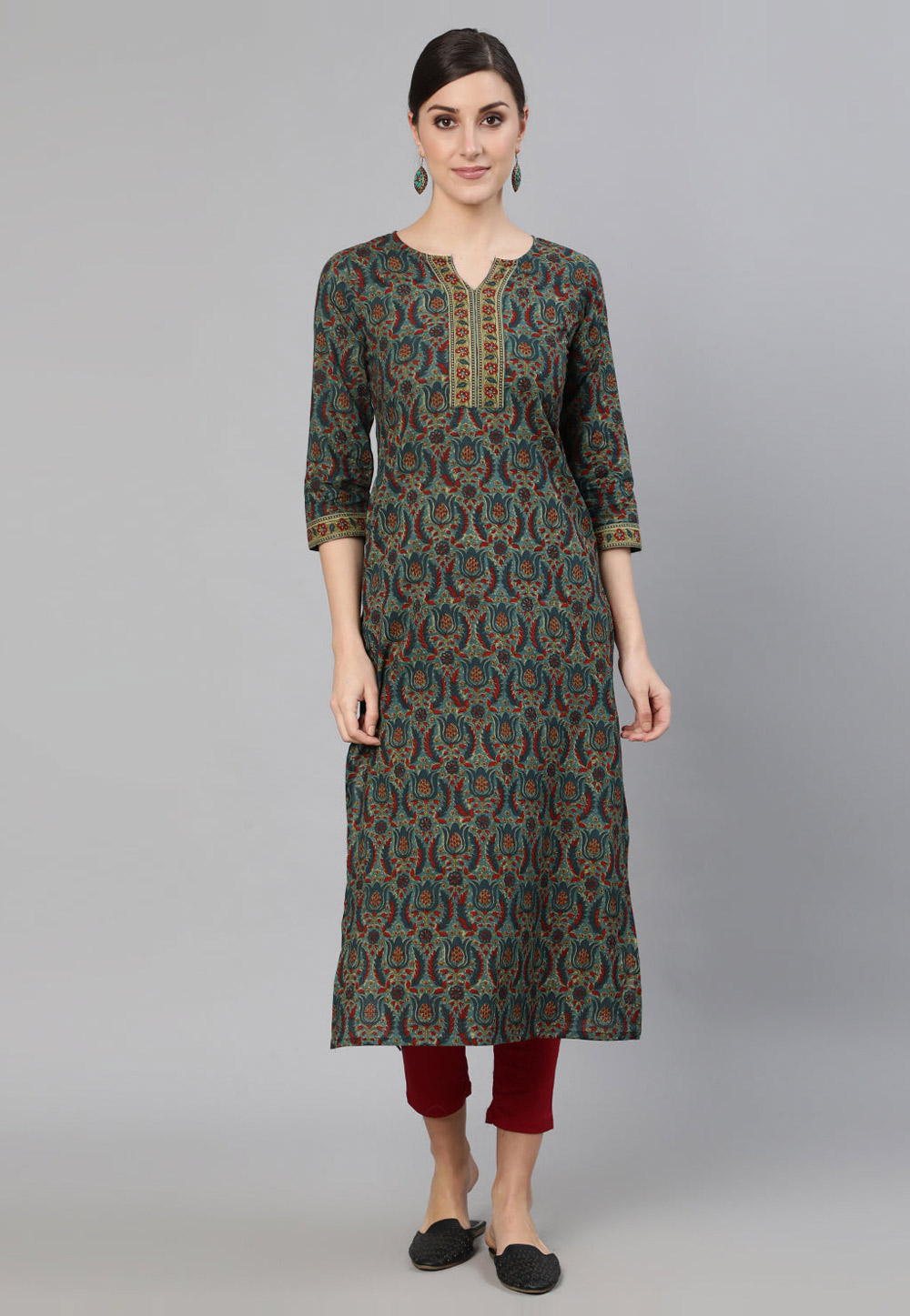 Teal Cotton Printed Long Kurti 282690