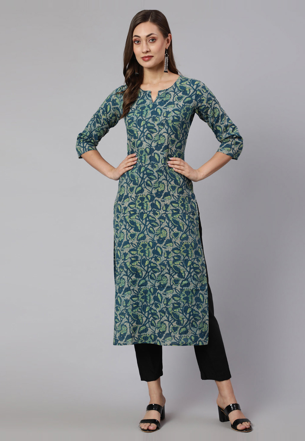 Teal Cotton Printed Long Kurti 282720