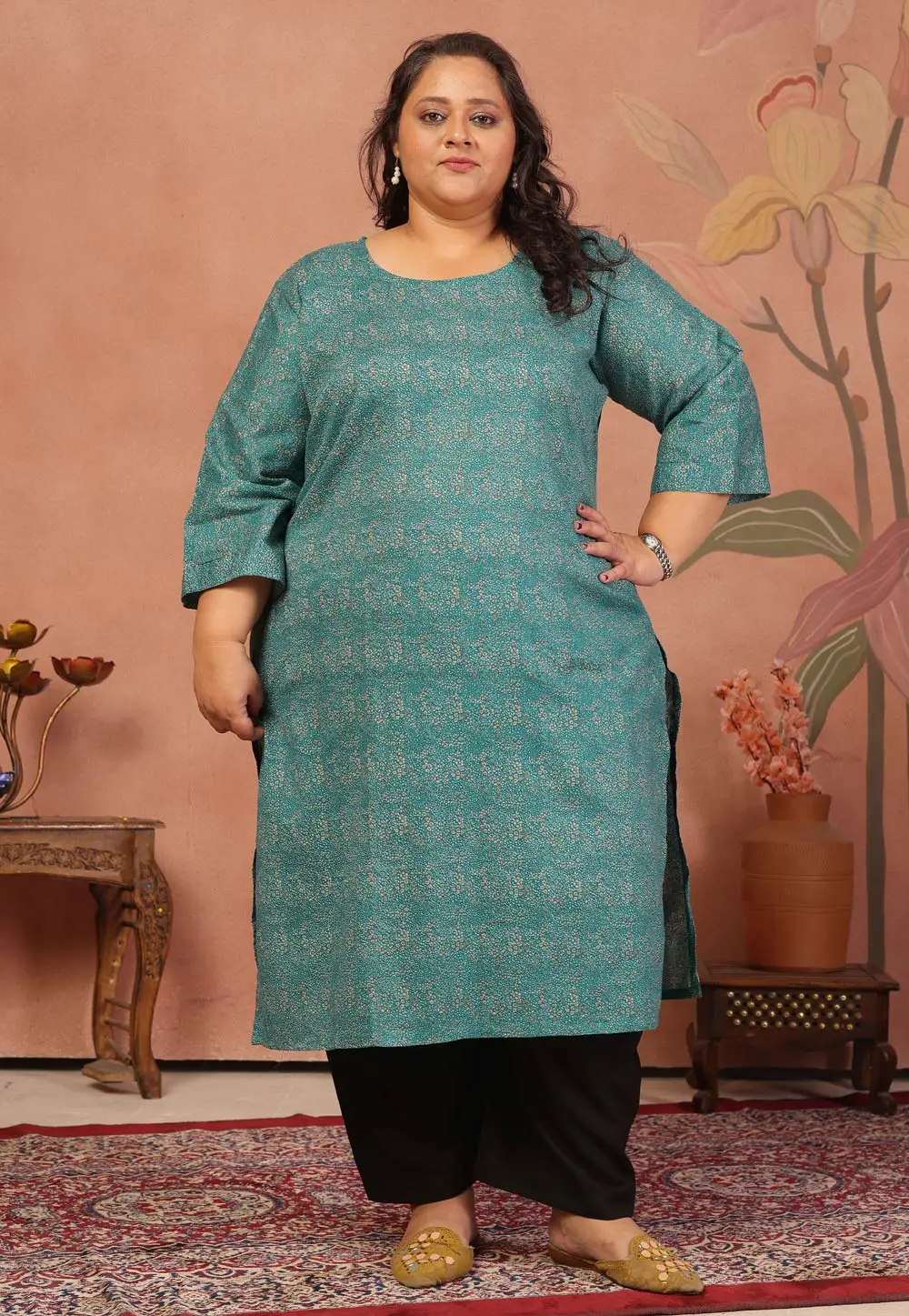 Teal Cotton Printed Long Tunic 336960