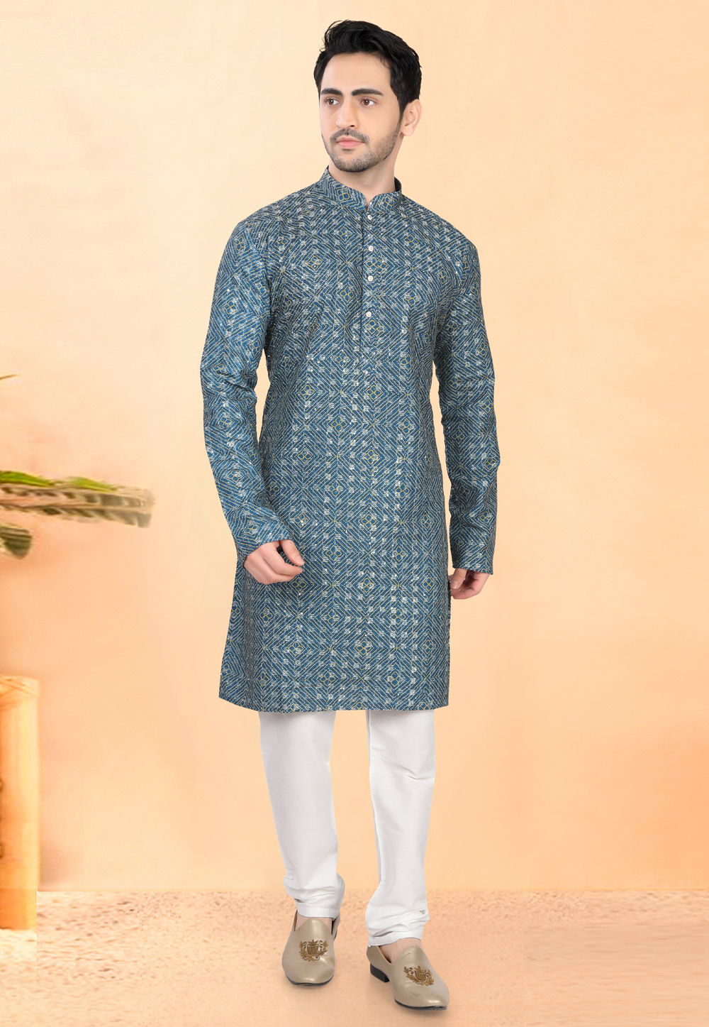 Teal Cotton Rayon Kurta Pajama 307935