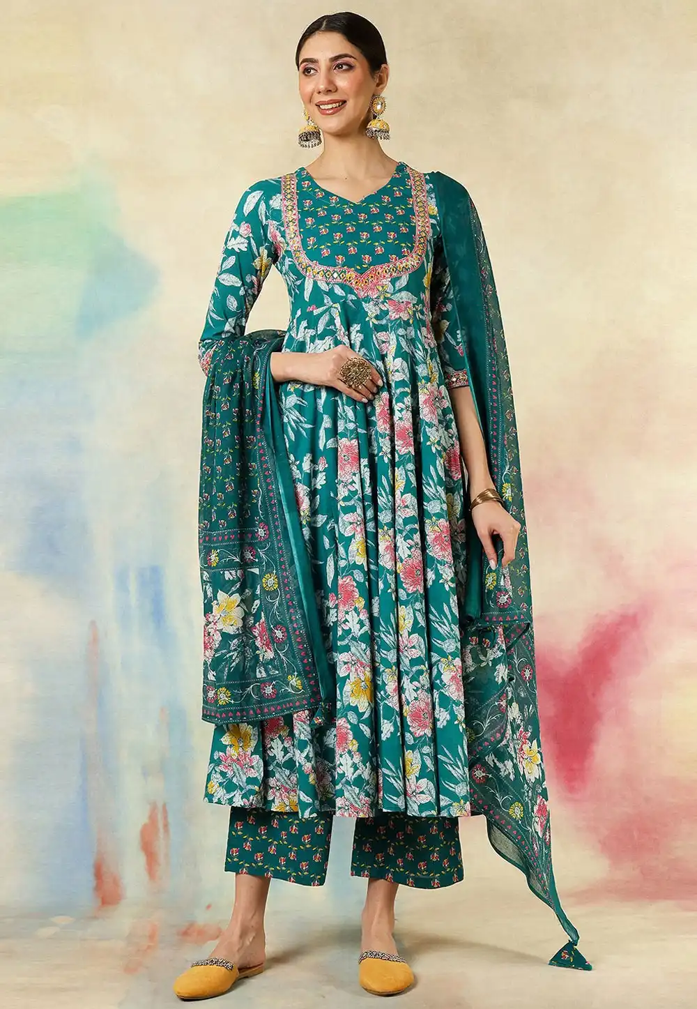 Teal Cotton Readymade Anarkali Suit 317178