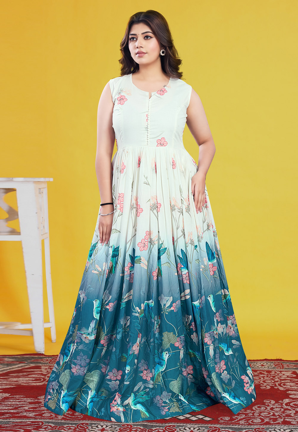 Teal Cotton Readymade Long Anarkali Suit 307051