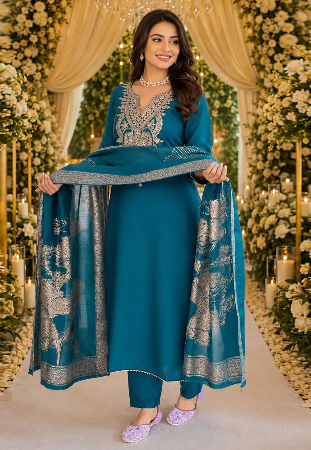 Teal Cotton Readymade Pakistani Suit 330418