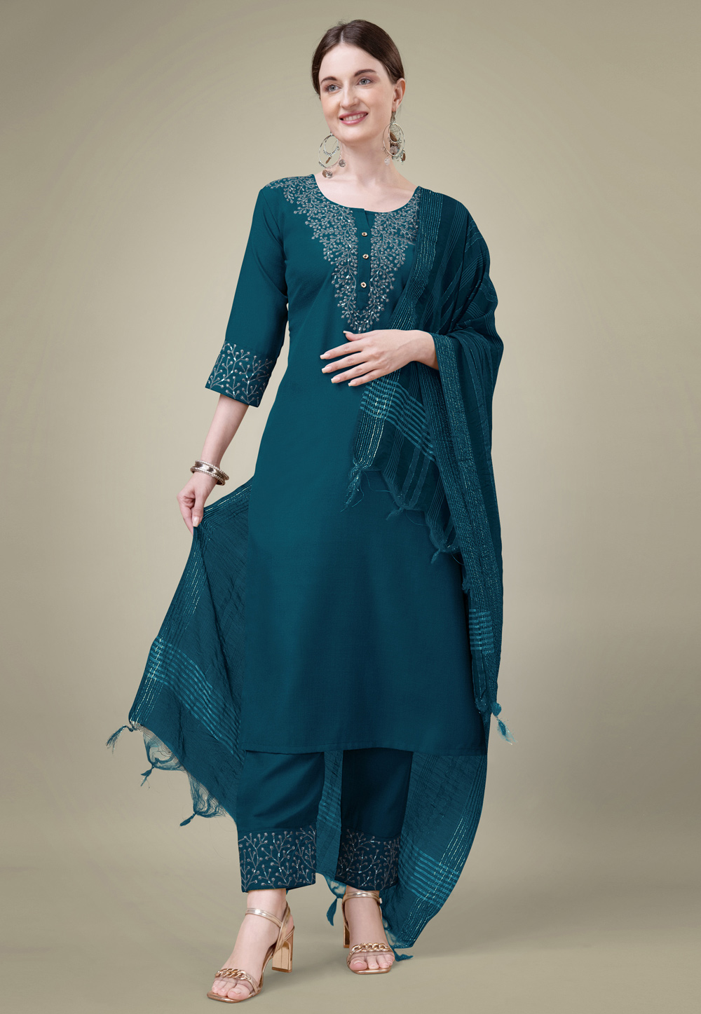 Teal Cotton Readymade Pakistani Suit 284727