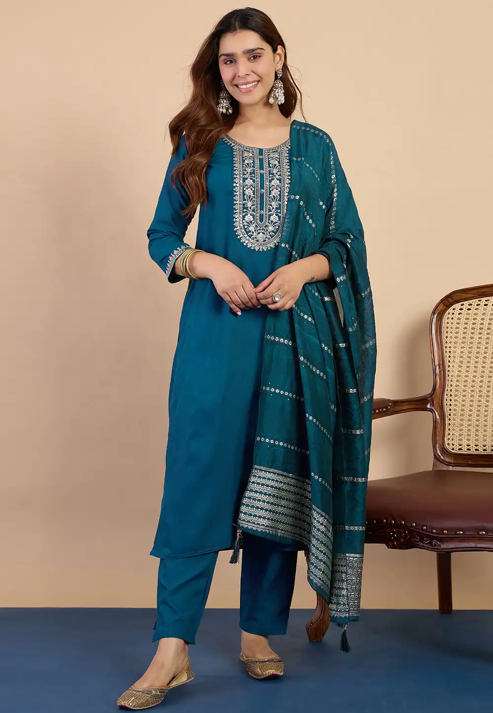 Teal Cotton Readymade Pakistani Suit 328293