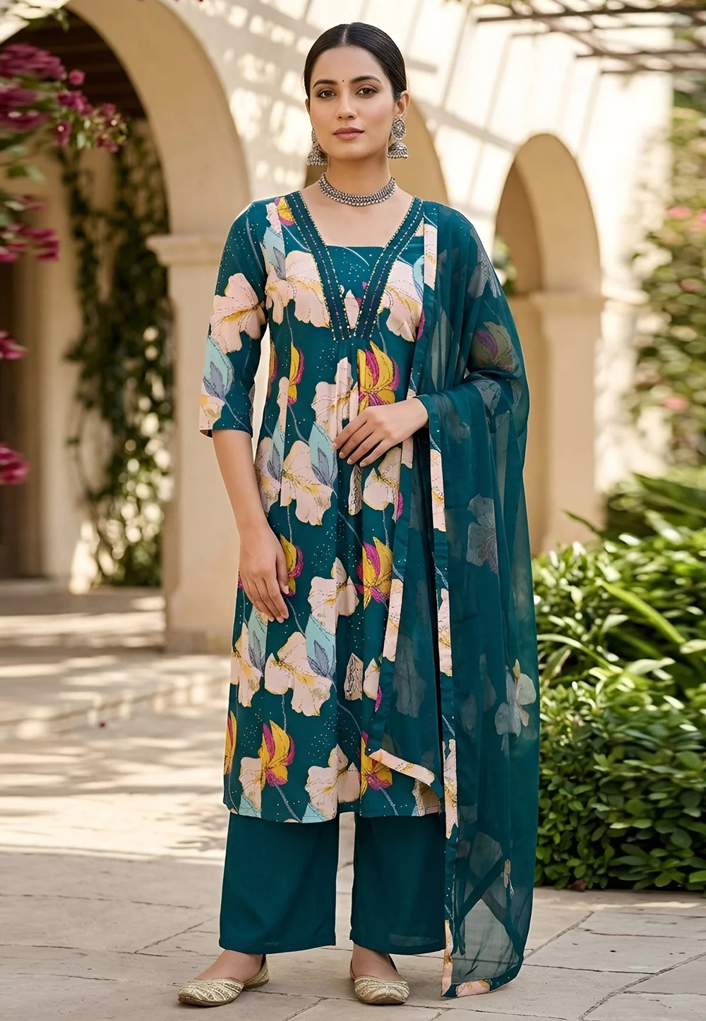Teal Cotton Readymade Palazzo Suit 326785