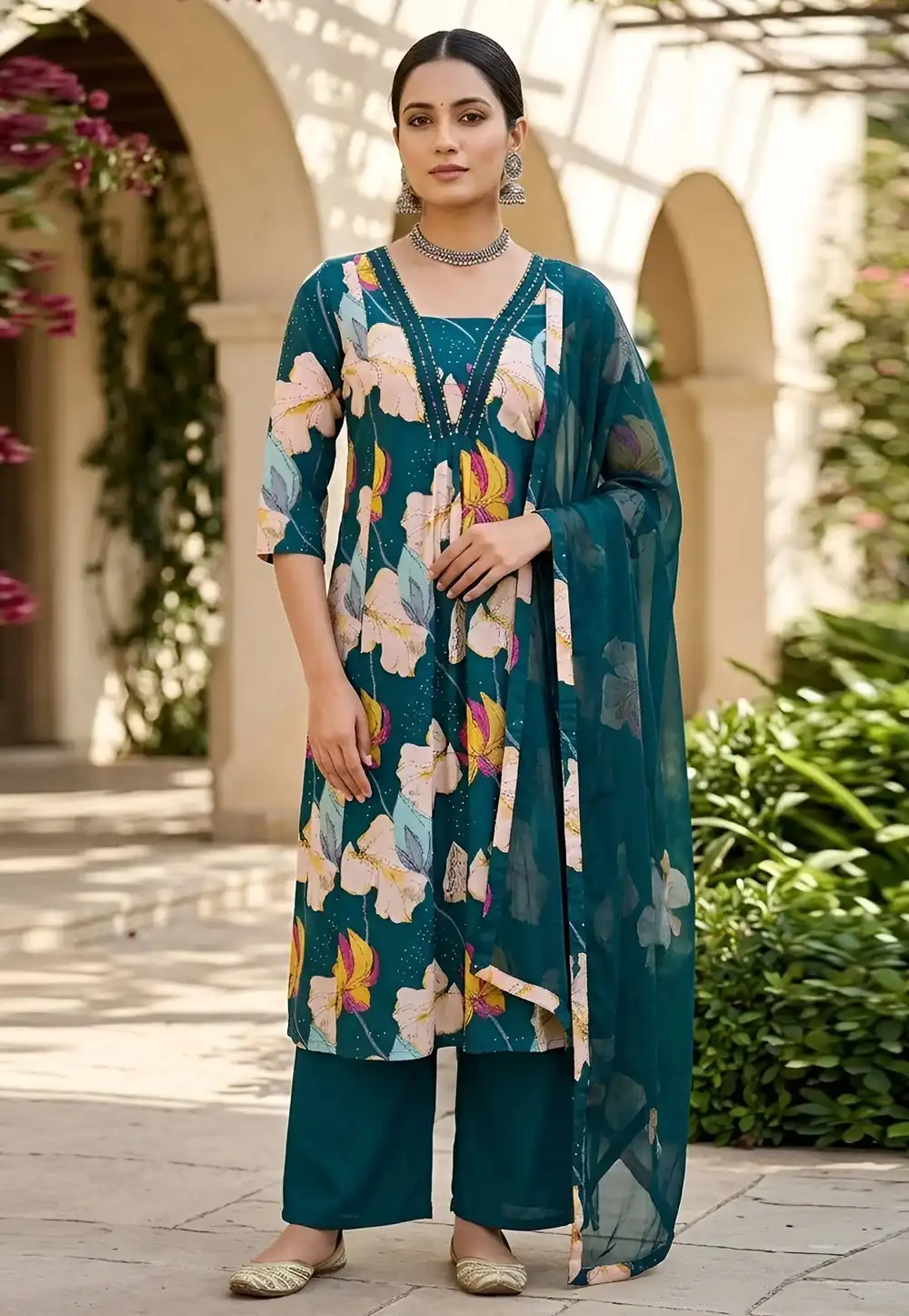 Teal Cotton Readymade Palazzo Suit 326785