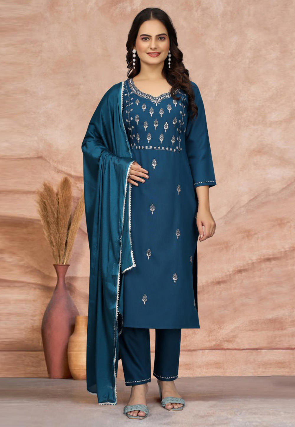 Teal Cotton Readymade Pant Style Suit 312213