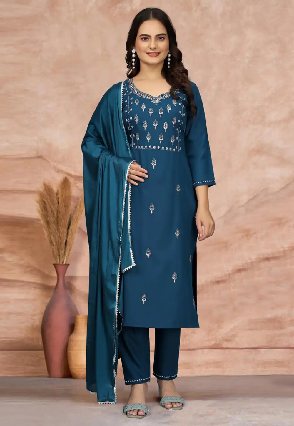 Teal Cotton Readymade Pant Style Suit 312213