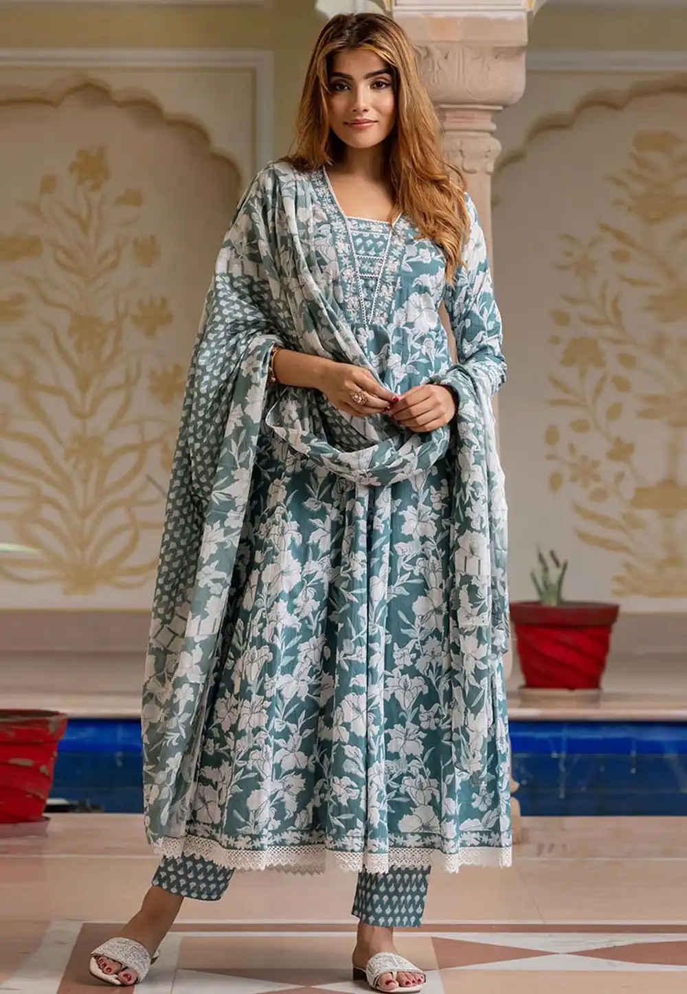 Teal Cotton Readymade Pant Style Suit 315975