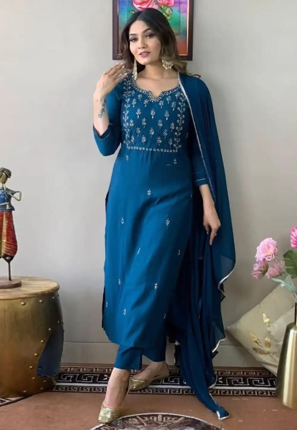 Teal Cotton Readymade Pant Style Suit 329798