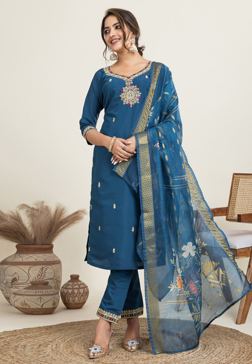 Teal Cotton Readymade Pant Style Suit 329424