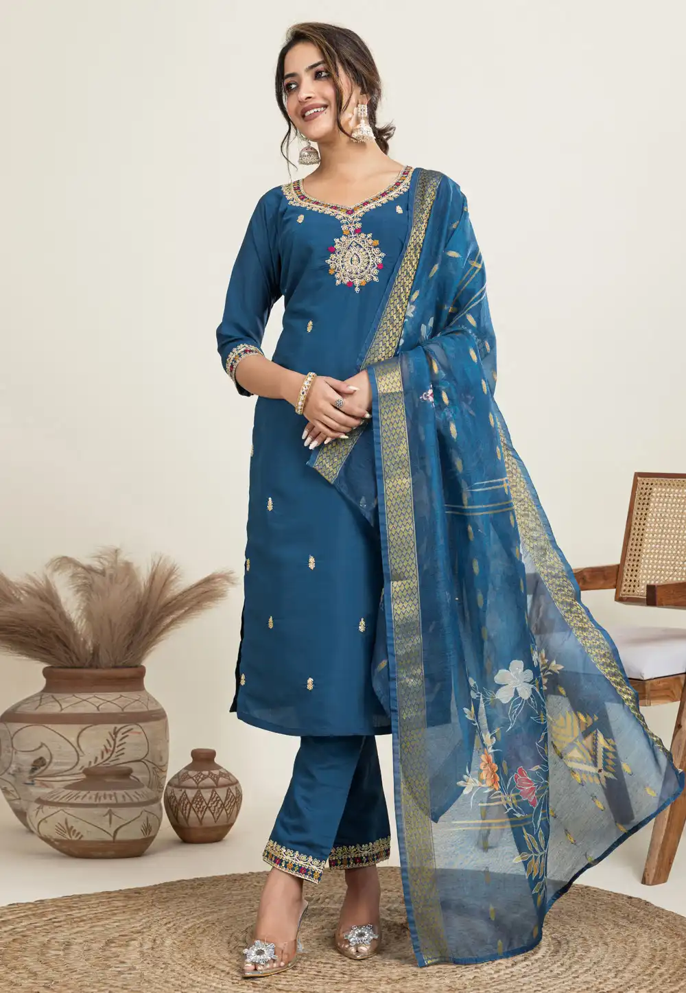 Teal Cotton Readymade Pant Style Suit 329424
