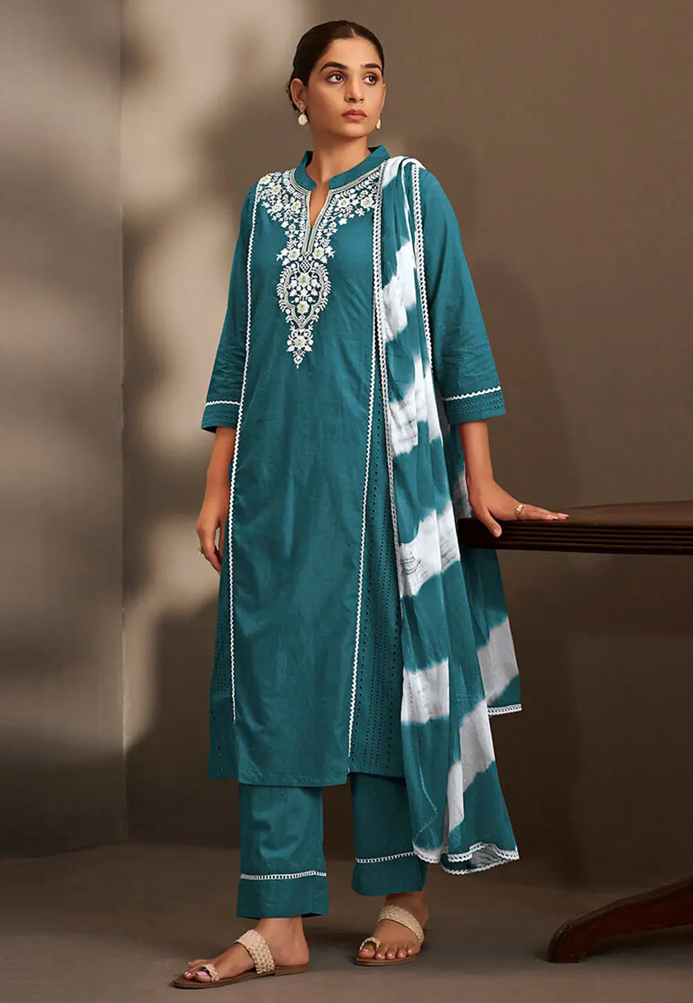 Teal Cotton Readymade Pant Style Suit 334200
