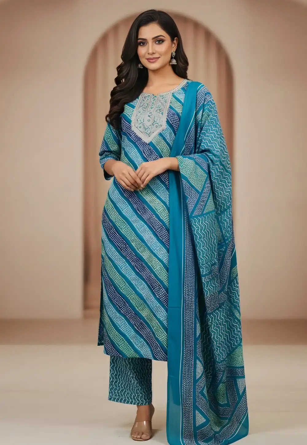 Teal Cotton Readymade Pant Style Suit 323780