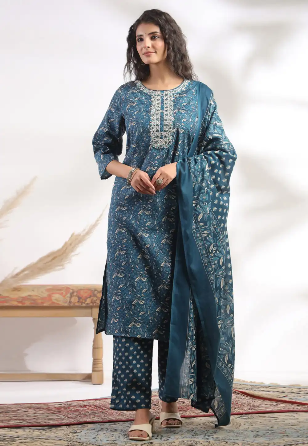 Teal Cotton Readymade Pant Style Suit 323782