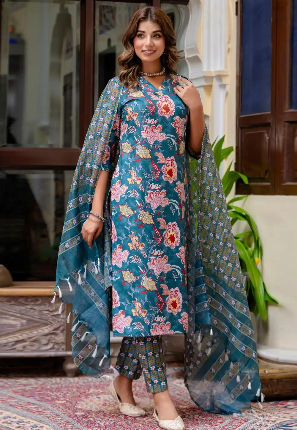 Teal Cotton Readymade Pant Style Suit 326236