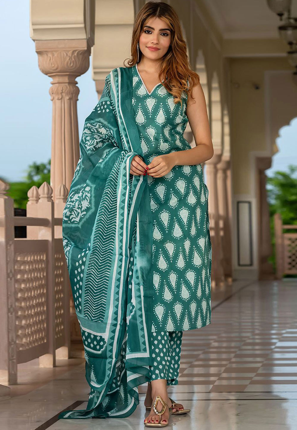 Teal Cotton Readymade Straight Suit 319555