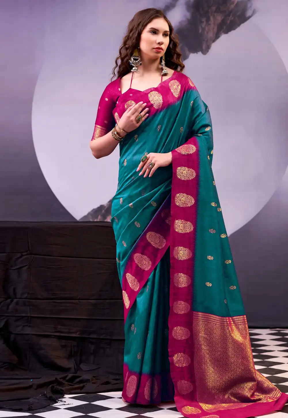 Teal Cotton Saree With Blouse 328839