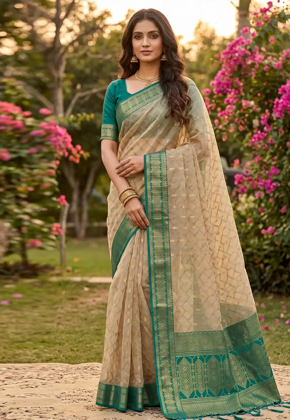 Teal Cotton Saree With Blouse 329513