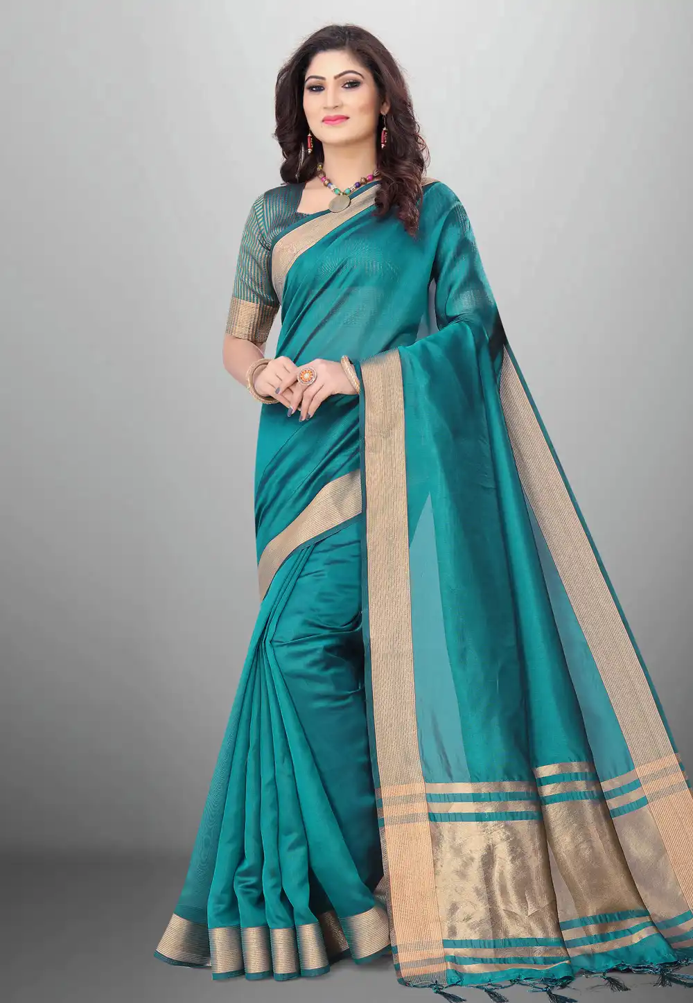 Teal Cotton Saree With Blouse 278448