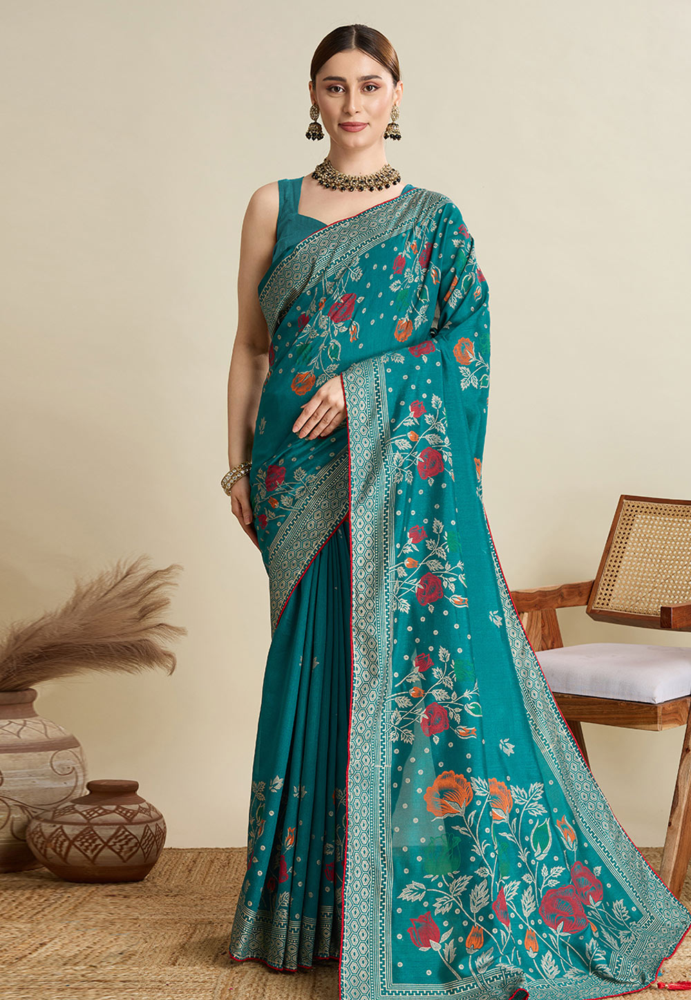 Teal Cotton Saree With Blouse 311594