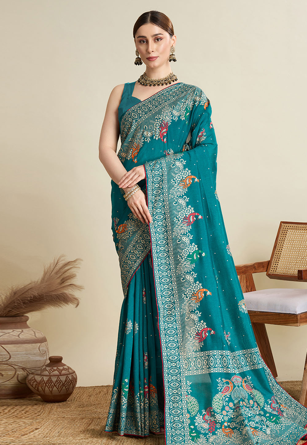 Teal Cotton Saree With Blouse 311796