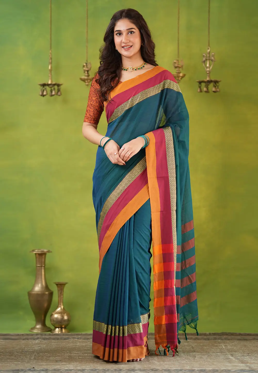 Teal Cotton Saree With Blouse 332732