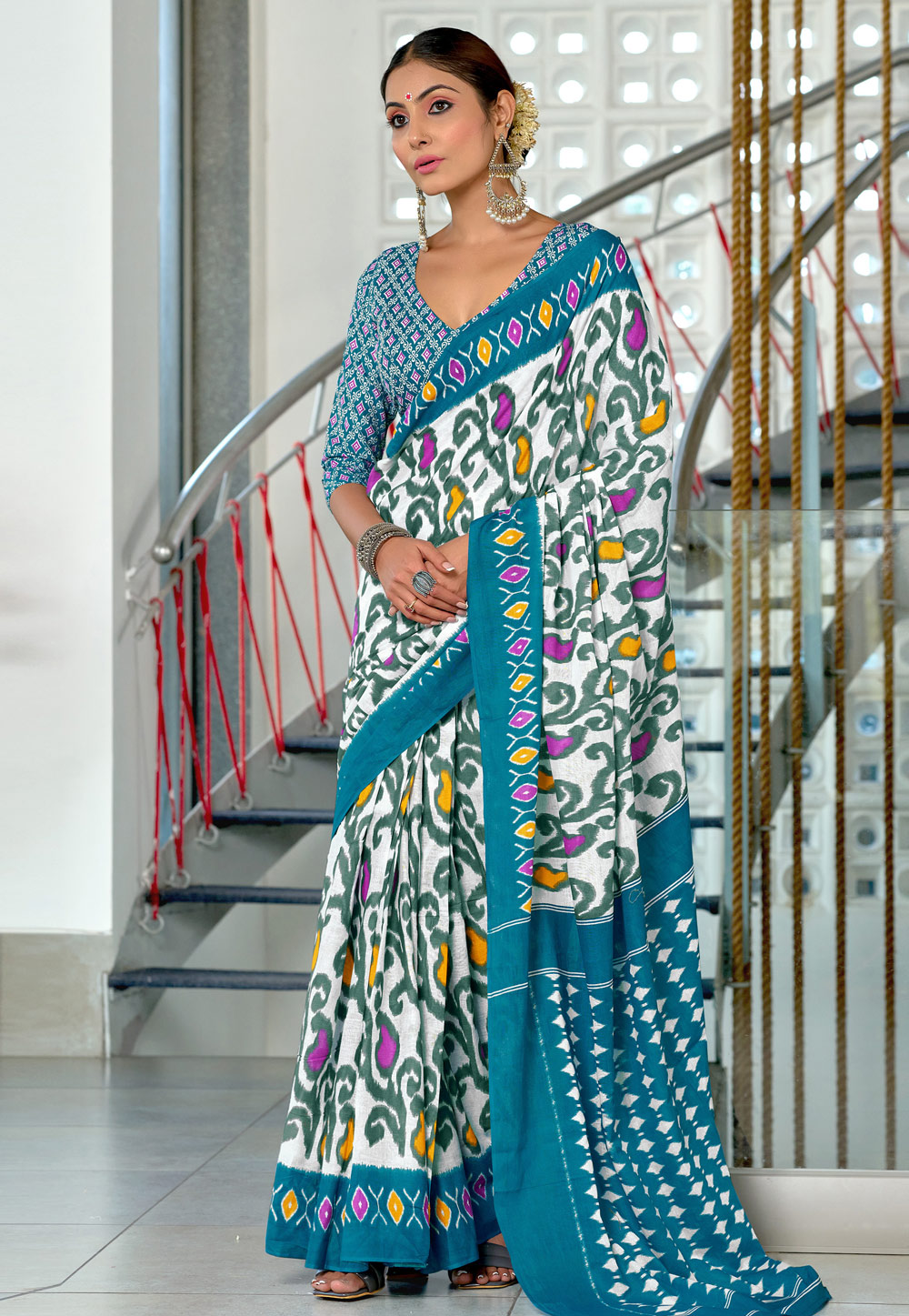 Teal Cotton Saree With Blouse 312138