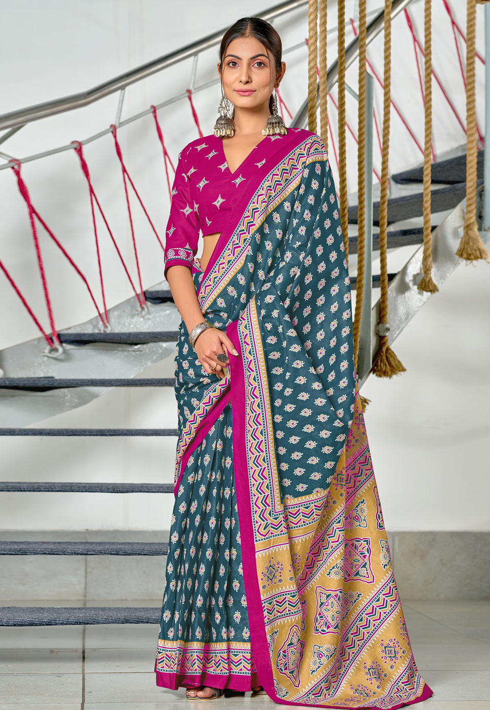 Teal Cotton Saree With Blouse 312177